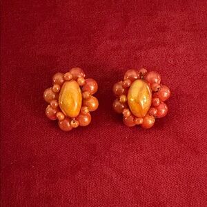 Vintage Orange Beaded Clip Earrings